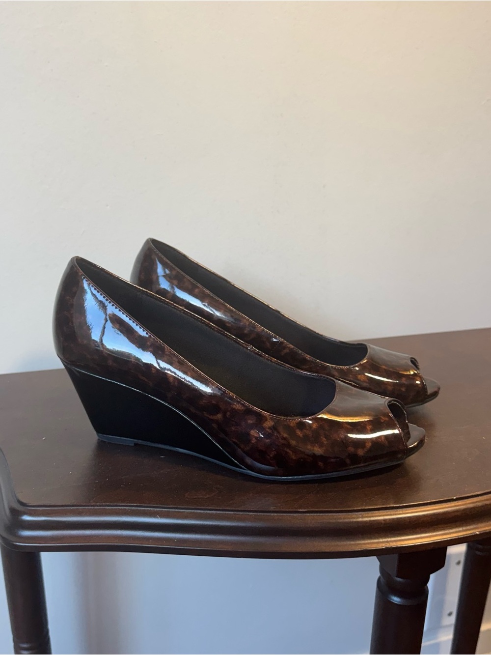 Predictions Brown Tortoiseshell Patent Peep-Toe Wedges